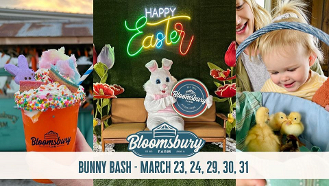 <p>Hop into Spring at Bloomsbury Farm’s Bunny Bash!<br />
Event Dates and Hours: March 23, 24, 29, 30, 31 : 10am-5pm</p>

<p>Visit with the Bloomsbury Bunny, hold baby bunnies and chicks, enjoy farm fun attractions, and more!</p>

<p>*Everyone 3 and older will need a farm pass, 2 and under are free.</p>