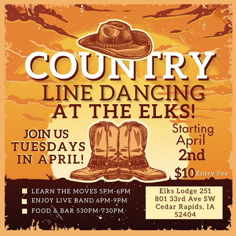 <p>Come learn to Line Dance at the Elks every Tuesday from 5pm-6pm in April!</p>