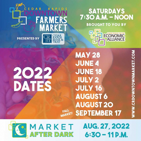 <p>The Cedar Rapids Downtown Farmers Market, presented by Cedar Rapids Bank & Trust, has become one of the largest open-air markets in the Midwest. We are excited for a full, safe outdoor season in 2022!   Vendor applications will open February 1st.</p>