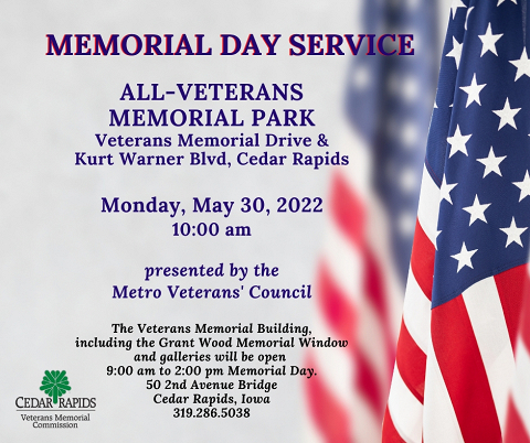 <p>One-hour, traditional Memorial Day service at the All-Veterans Memorial Park. 10 am - 11 am. In the event of incliment weather, the program is held at the Veterans Memorial Building.</p>